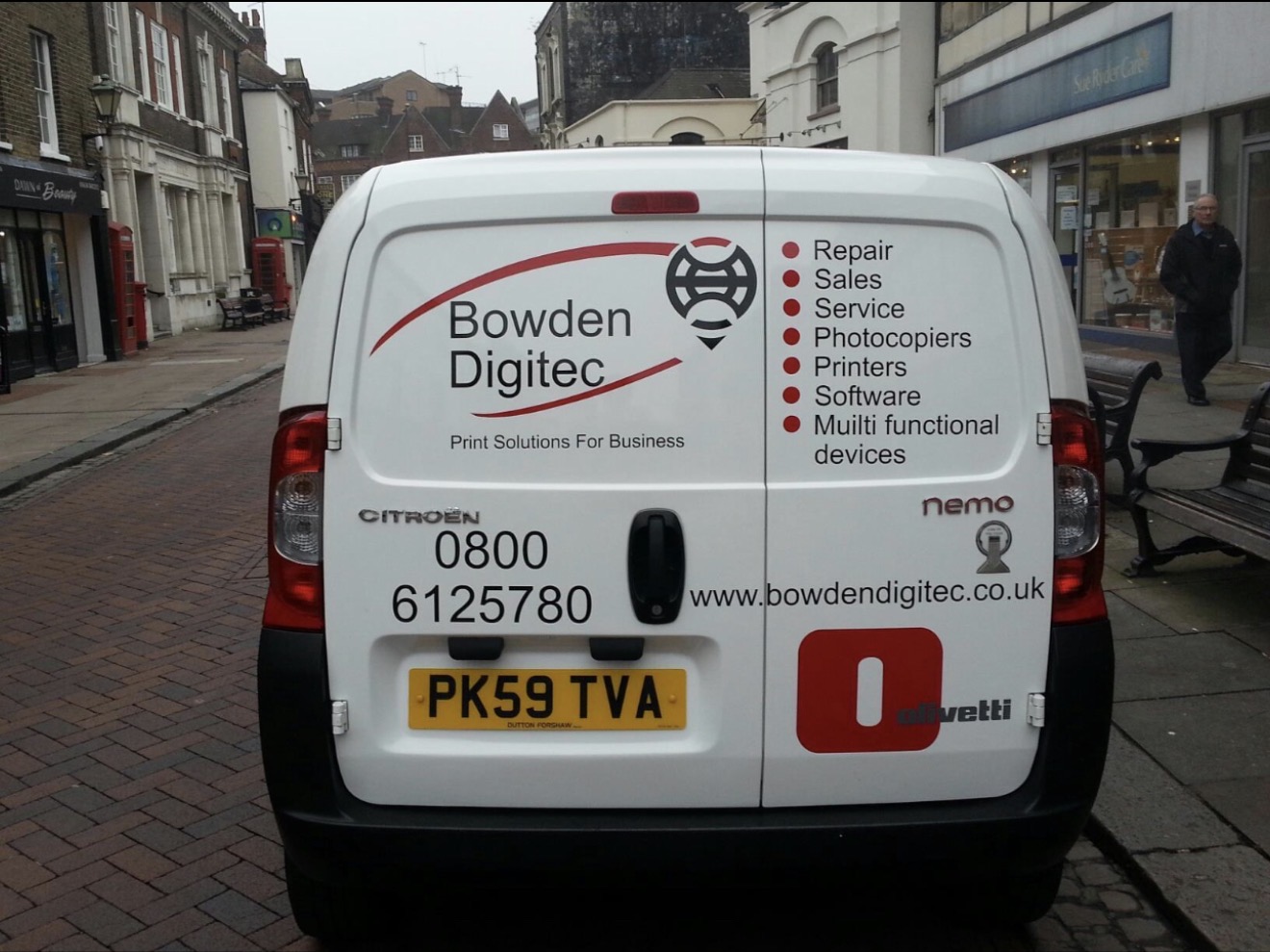 The original Bowden Digitec van parked on Rochester High Street, Kent, around 2012